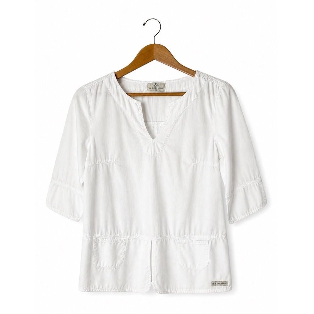 Le Ble En Herbe Top Women Small White Cotton Split Neck Pocket Preppy Minimalist
